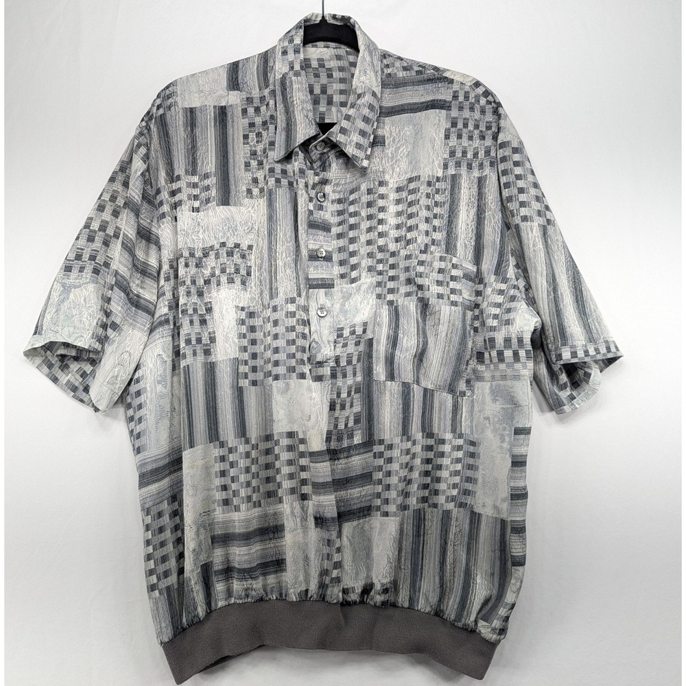 Vintage 90s Gray Patchwork Geometric Ribbed‎ Hem Short Sleeve Button Up Shirt XL